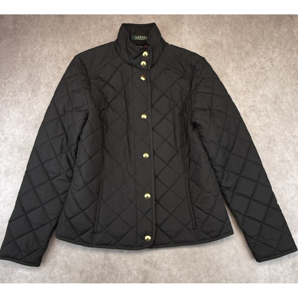 Quilted Puffer Jacket Black Petite M PM Gold Snap Button Lauren Ralph Lauren